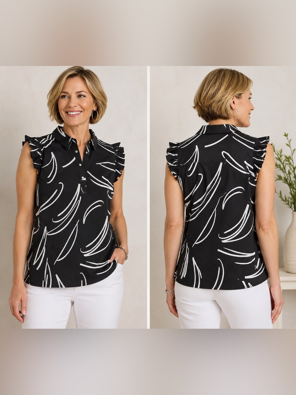 Chico’s Black & White Abstract Print Sleeveless Blouse Size 15/10